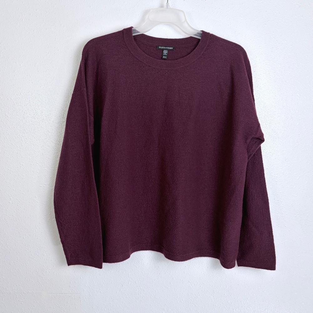 Eileen Fisher Wool Sweater Plum Purple Textured Knit Boxy Crewneck M